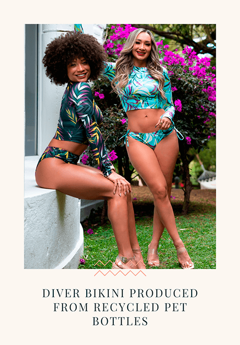 Two women with eco friendly bikinis made with sustainable clothing swimwear fabrics