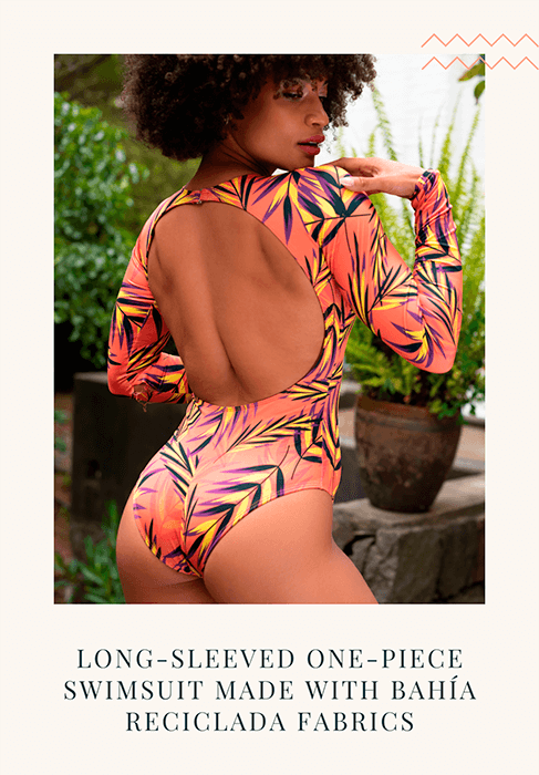Long sleeved one piece swimsuit from Palestra Couture made with sustainable swimwear fabrics
