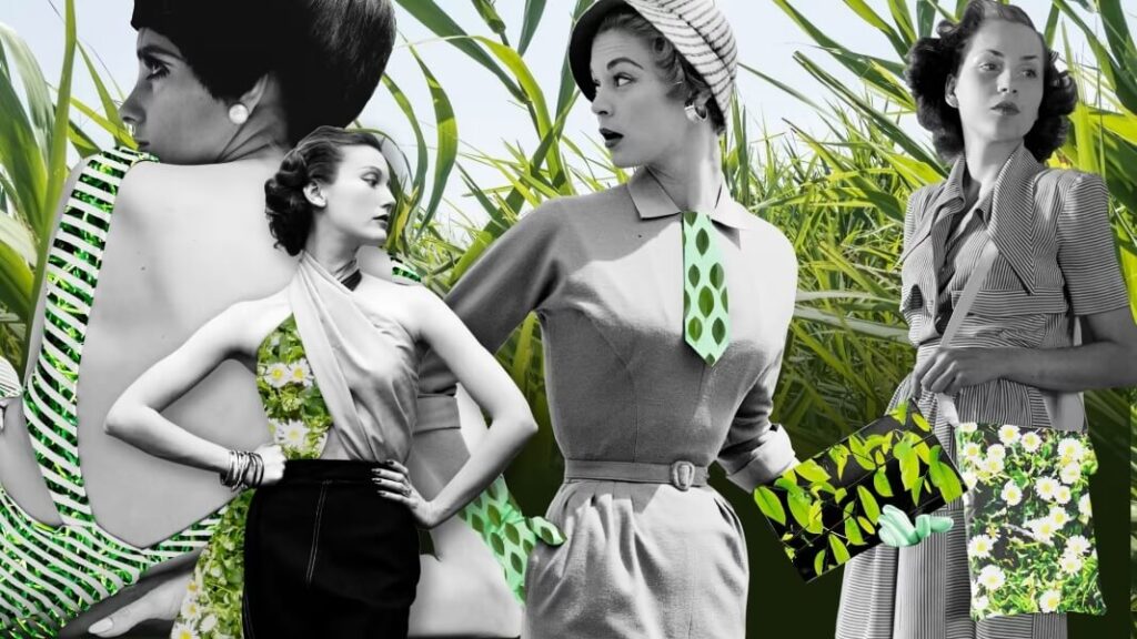 Women with sustainable clothing and green flowers